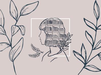 Grafik af kvinde med hovedet fuld af fortællinger/bøger